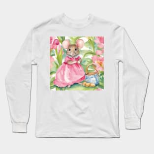 Cute mouse in a pink dress watercolor illustration Long Sleeve T-Shirt